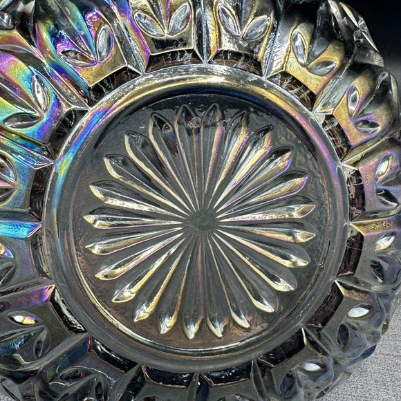 Federal Glass Bowl Petal Pattern Smoke Iridescent Amethyst Carnival 10.25" Vtg - Picture 9 of 12